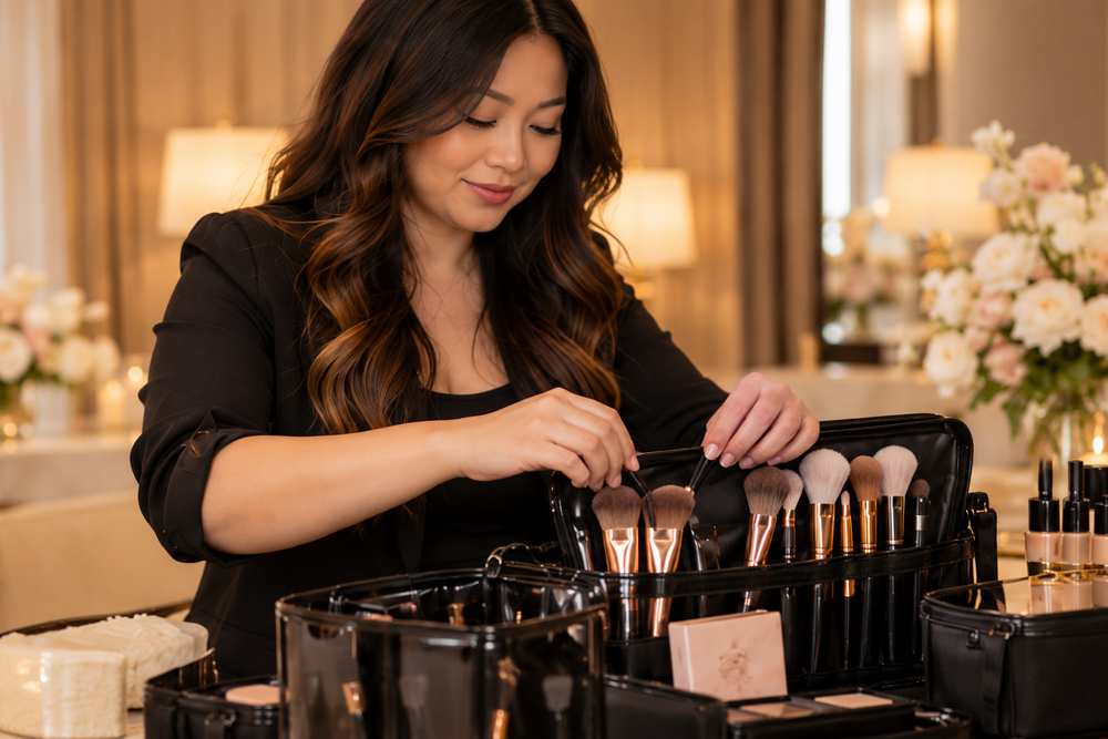 Beauty assistant preparing a portable makeup kit